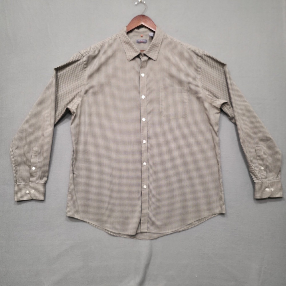 Van Heusen Traveler Men's Gray Check Long‎ Sleeve Dress Shirt Size 17-17.5